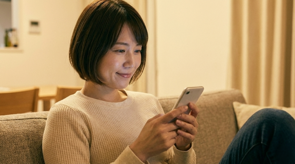 夜のリビングで、スマホのデリバリーアプリを穏やかな表情で眺め、今の自分に必要な食事を戦略的に選んでいる日本人女性。