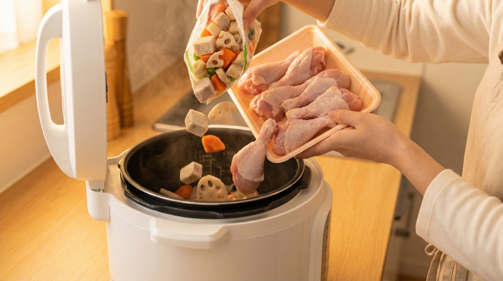 電気圧力鍋の内なべに、パックのお肉や冷凍野菜をそのまま投入して調理準備をする様子。