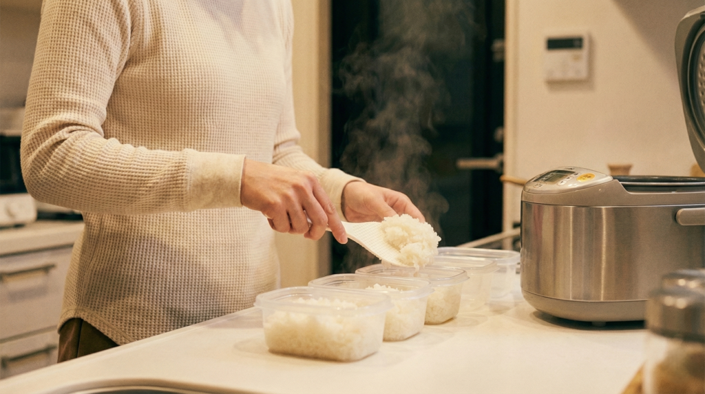 炊きたてのご飯を1食分ずつ、透明なプラスチックの保存容器に丁寧に小分けして詰めているキッチンの様子。