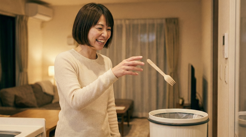 使い捨ての木製フォークをゴミ箱へ軽やかに捨て、洗い物から解放された喜びで晴れやかな笑顔を見せる女性。