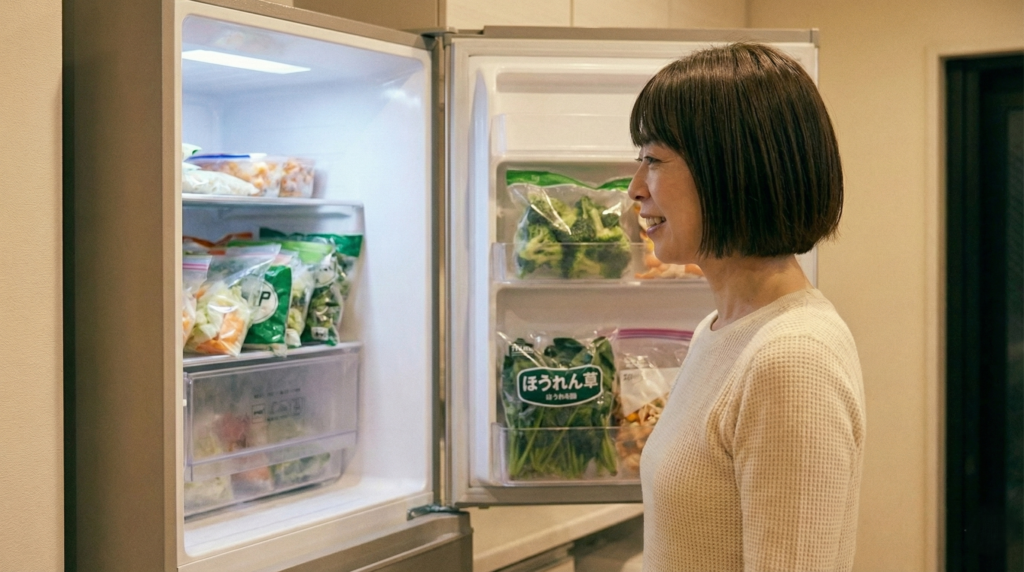 開いた冷凍庫の前に立ち、ストックされた冷凍ブロッコリーやほうれん草の袋を見て、「これがあるから大丈夫」と安心した表情を浮かべる女性。