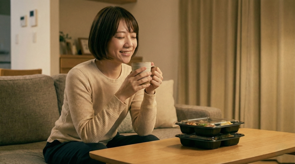 外に頼ることで生まれた「余白の時間」に、温かい飲み物を手にリラックスし、心にゆとりを取り戻して自分を整えている女性。