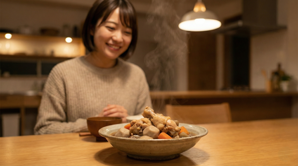 電気圧力鍋で完成した湯気立つ煮込み料理を前に、自分を労うことができて満足そうな表情の女性。