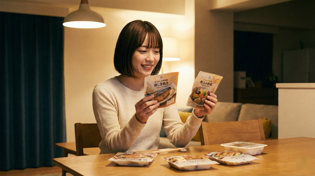 夜のダイニングテーブルで、コンビニのチルド惣菜（焼き魚や副菜）を手に取り、準備の軽さにホッとした表情を浮かべるショートボブの日本人女性。