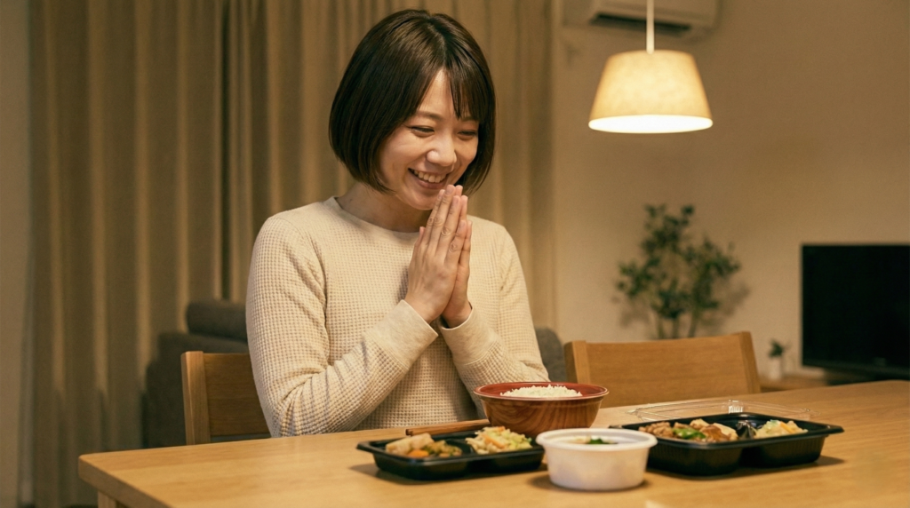 届いたばかりの温かいデリバリー料理を前に、準備の手間がない喜びを感じながら、幸せそうに「いただきます」をする女性。