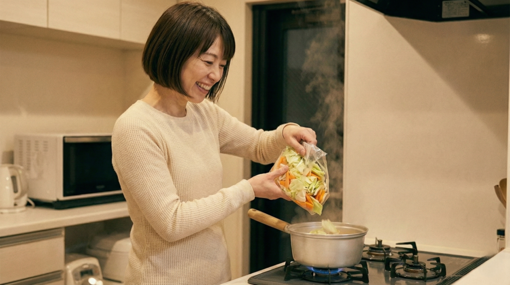 夜のキッチンで、袋入りのカット野菜ミックスをそのまま鍋に投入し、準備の手軽さにリラックスした笑顔を見せるショートボブの女性。